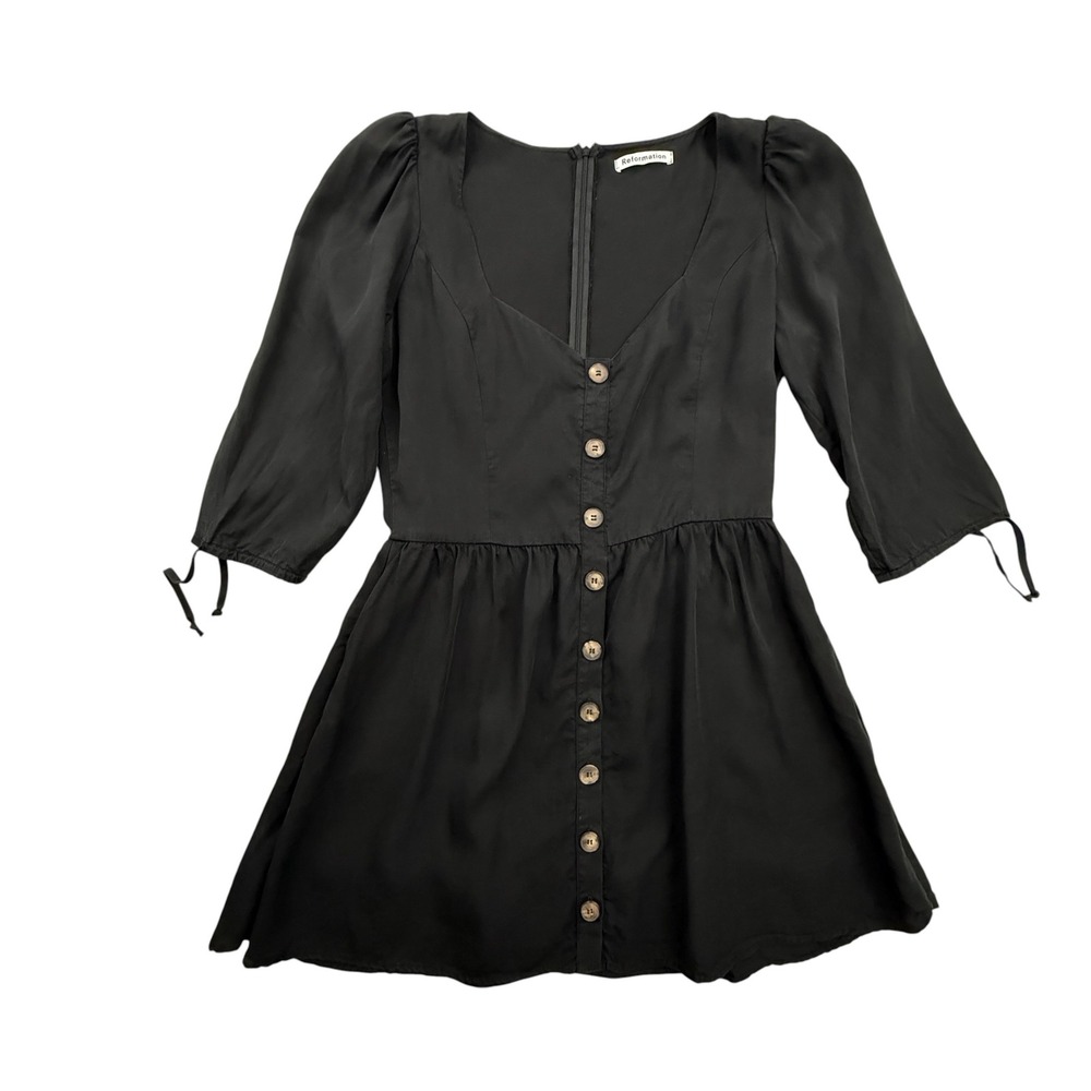 Reformation Alessia Dress Womens 12 Black Mini Button Front Puff Sleeve Pockets